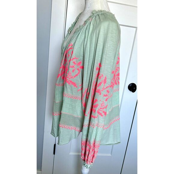 Free People Woven Embroidered Bohemian Style Blouse Mint Green Coral Size S - Picture 2 of 7
